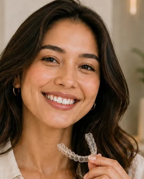 Patient holding a clear aligner — Modern Smiles Family Dentistry, Pasig & Mandaluyong